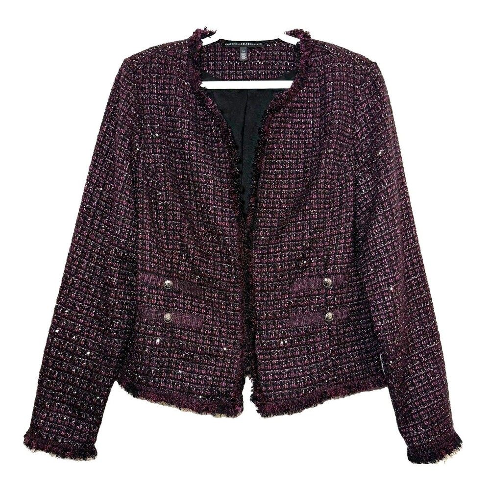 WHBM Rich Plum Black Tweed Sequin Blazer Jacket Womens 14 Fringe Metallic